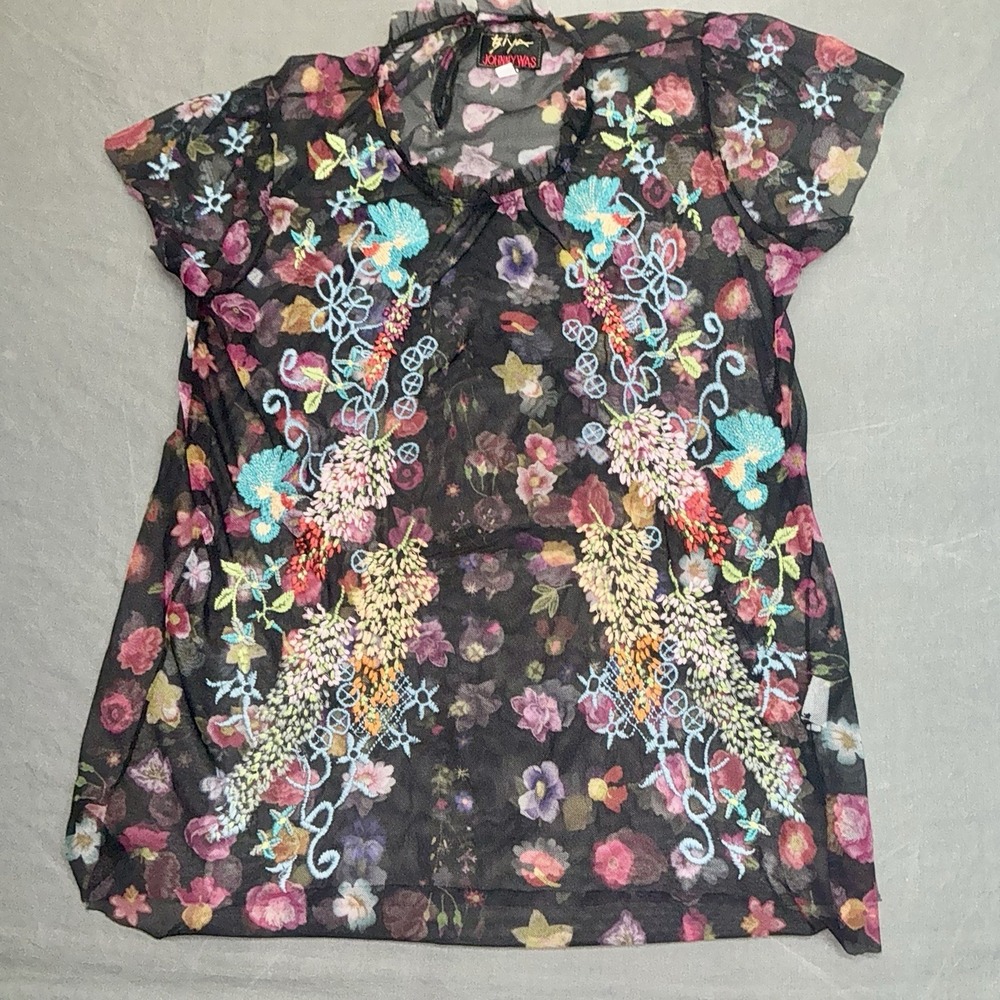 Johnny Was Rheia Mesh Blouse Black Floral Embroidered Short Sleeve Top, Size S